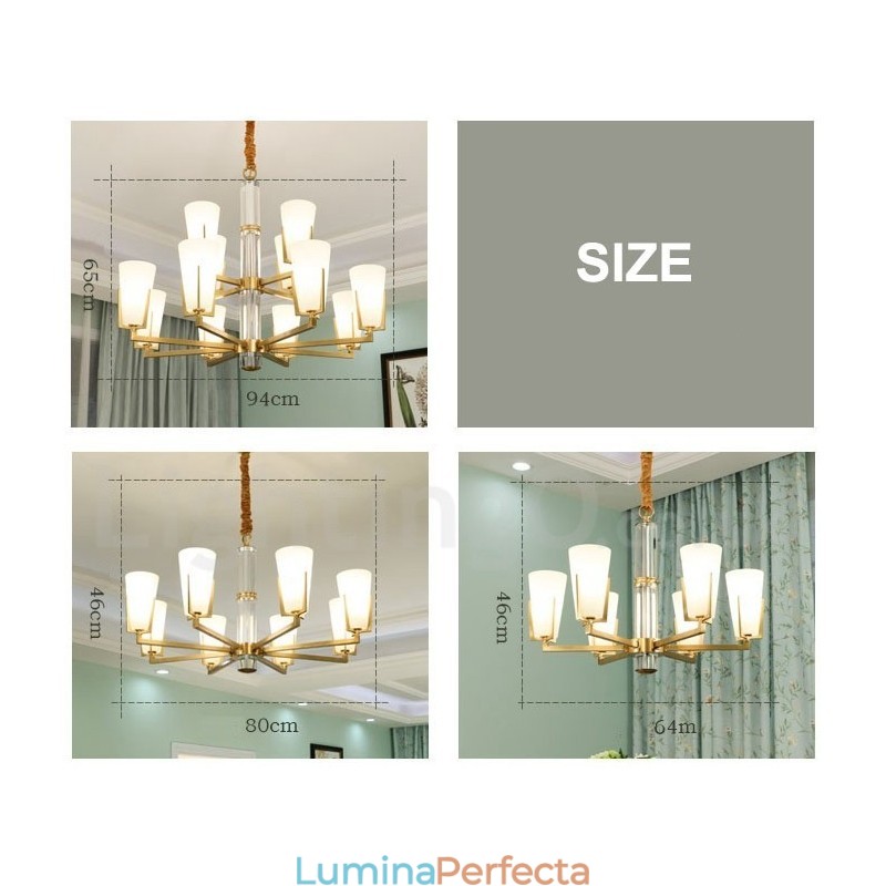 Candelabru cu pandantiv din alamă, retro, vintage, cu abajururi de sticlă