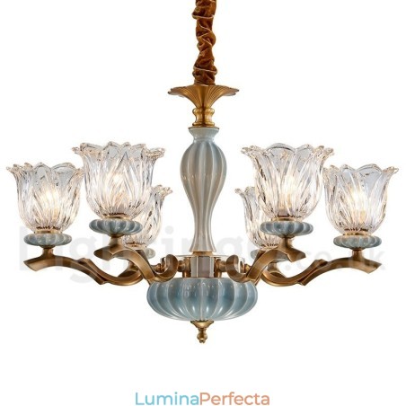 Candelabru cu pandantiv din alamă, retro, vintage, din ceramică, cu abajururi de sticlă Candelabru cu pandantiv din alamă, retro, vintage, din ceramică, cu abajururi de sticlă