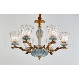 Candelabru cu pandantiv din alamă, retro, vintage, din ceramică, cu abajururi de sticlă