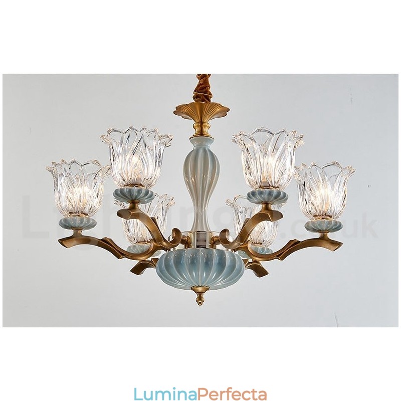 Candelabru cu pandantiv din alamă, retro, vintage, din ceramică, cu abajururi de sticlă