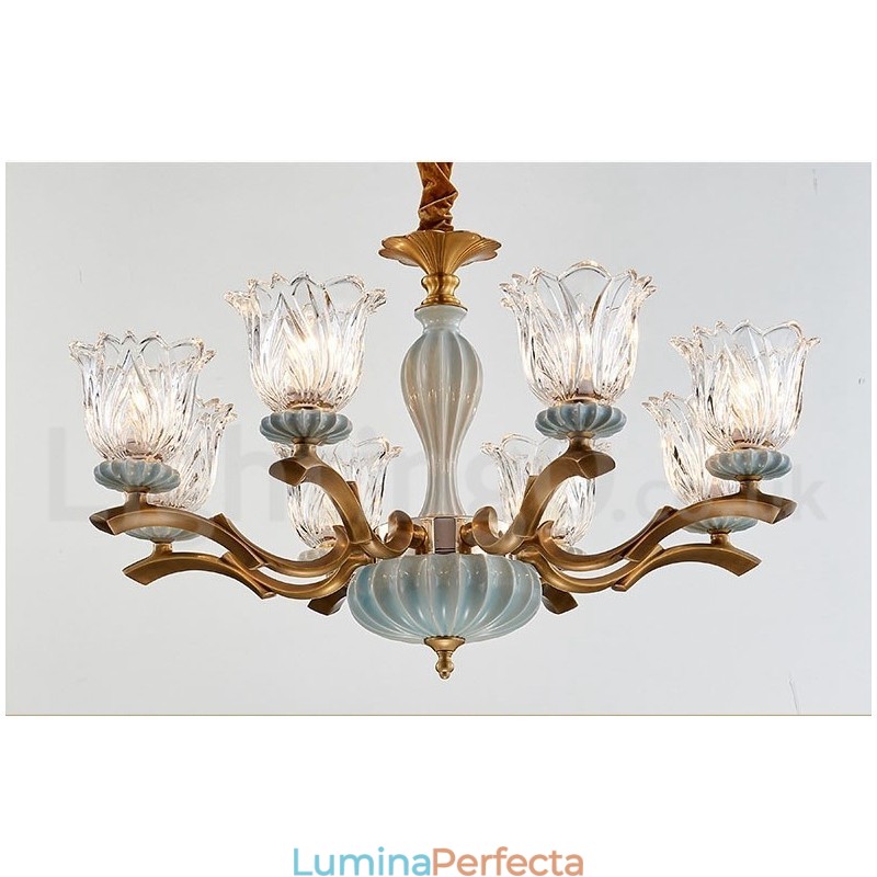 Candelabru cu pandantiv din alamă, retro, vintage, din ceramică, cu abajururi de sticlă