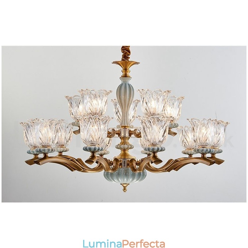 Candelabru cu pandantiv din alamă, retro, vintage, din ceramică, cu abajururi de sticlă