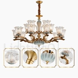 Candelabru cu pandantiv din alamă, retro, vintage, din ceramică, cu abajururi de sticlă