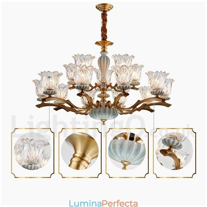 Candelabru cu pandantiv din alamă, retro, vintage, din ceramică, cu abajururi de sticlă