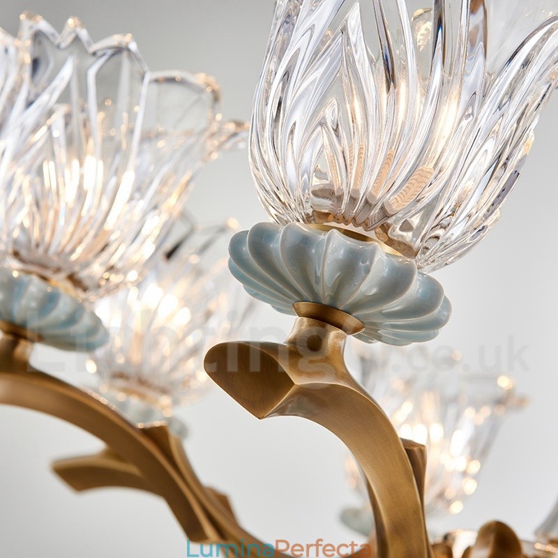 Candelabru cu pandantiv din alamă, retro, vintage, din ceramică, cu abajururi de sticlă