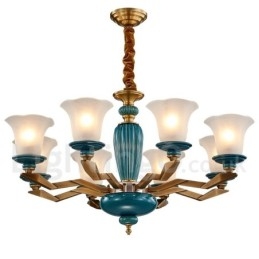 Candelabru cu pandantiv din alamă, retro, vintage, din ceramică, cu abajururi de sticlă