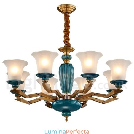 Candelabru cu pandantiv din alamă, retro, vintage, din ceramică, cu abajururi de sticlă Candelabru cu pandantiv din alamă, retro, vintage, din ceramică, cu abajururi de sticlă