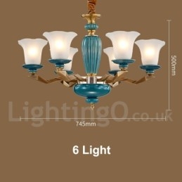 Candelabru cu pandantiv din alamă, retro, vintage, din ceramică, cu abajururi de sticlă