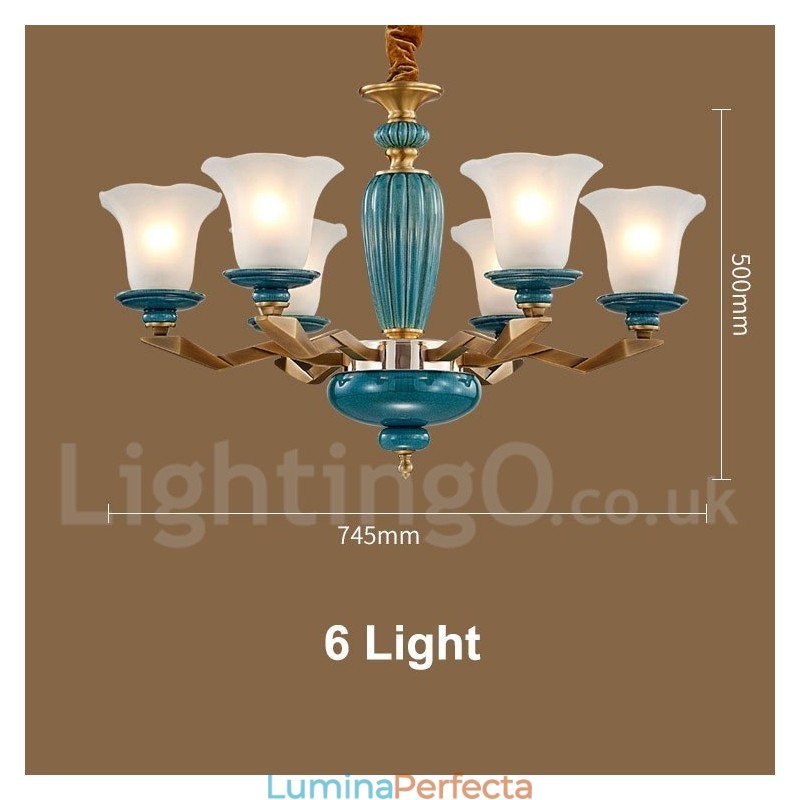 Candelabru cu pandantiv din alamă, retro, vintage, din ceramică, cu abajururi de sticlă