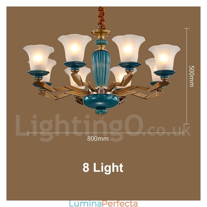 Candelabru cu pandantiv din alamă, retro, vintage, din ceramică, cu abajururi de sticlă