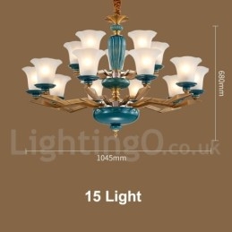 Candelabru cu pandantiv din alamă, retro, vintage, din ceramică, cu abajururi de sticlă