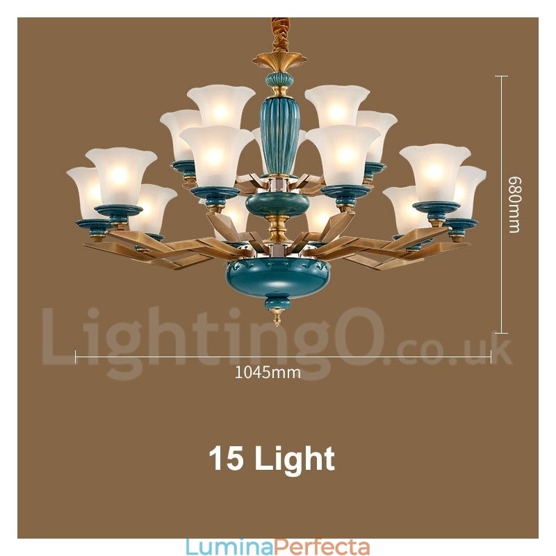 Candelabru cu pandantiv din alamă, retro, vintage, din ceramică, cu abajururi de sticlă