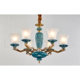 Candelabru cu pandantiv din alamă, retro, vintage, din ceramică, cu abajururi de sticlă