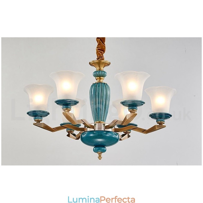Candelabru cu pandantiv din alamă, retro, vintage, din ceramică, cu abajururi de sticlă