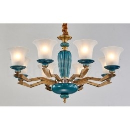 Candelabru cu pandantiv din alamă, retro, vintage, din ceramică, cu abajururi de sticlă