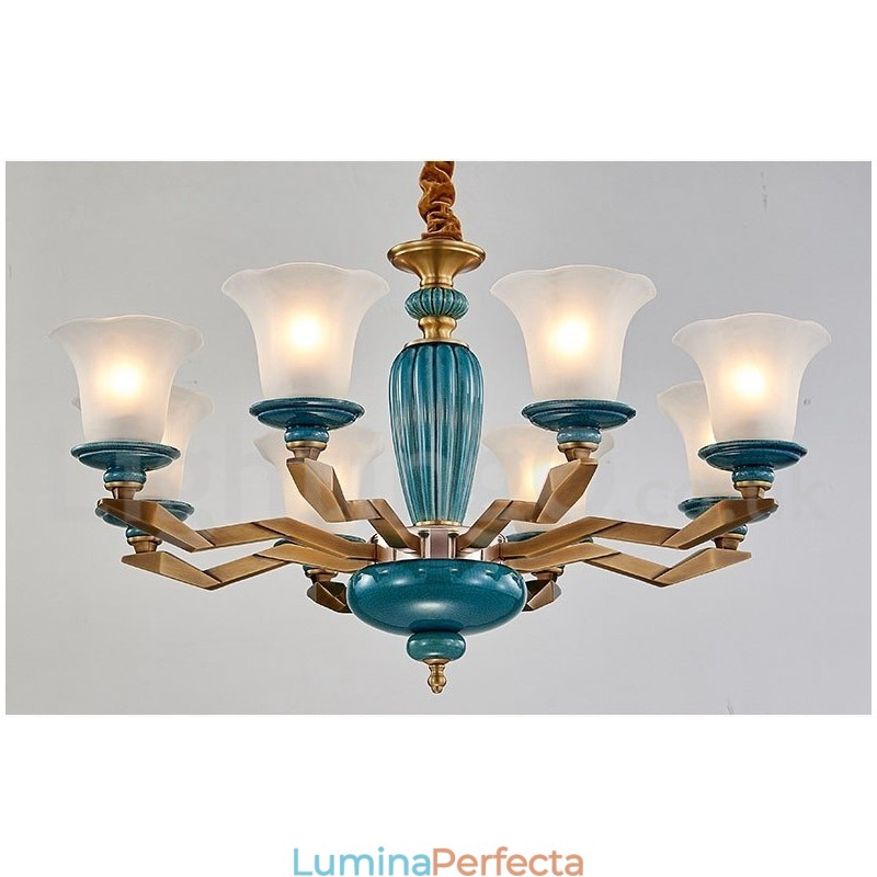 Candelabru cu pandantiv din alamă, retro, vintage, din ceramică, cu abajururi de sticlă