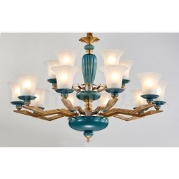 Candelabru cu pandantiv din alamă, retro, vintage, din ceramică, cu abajururi de sticlă