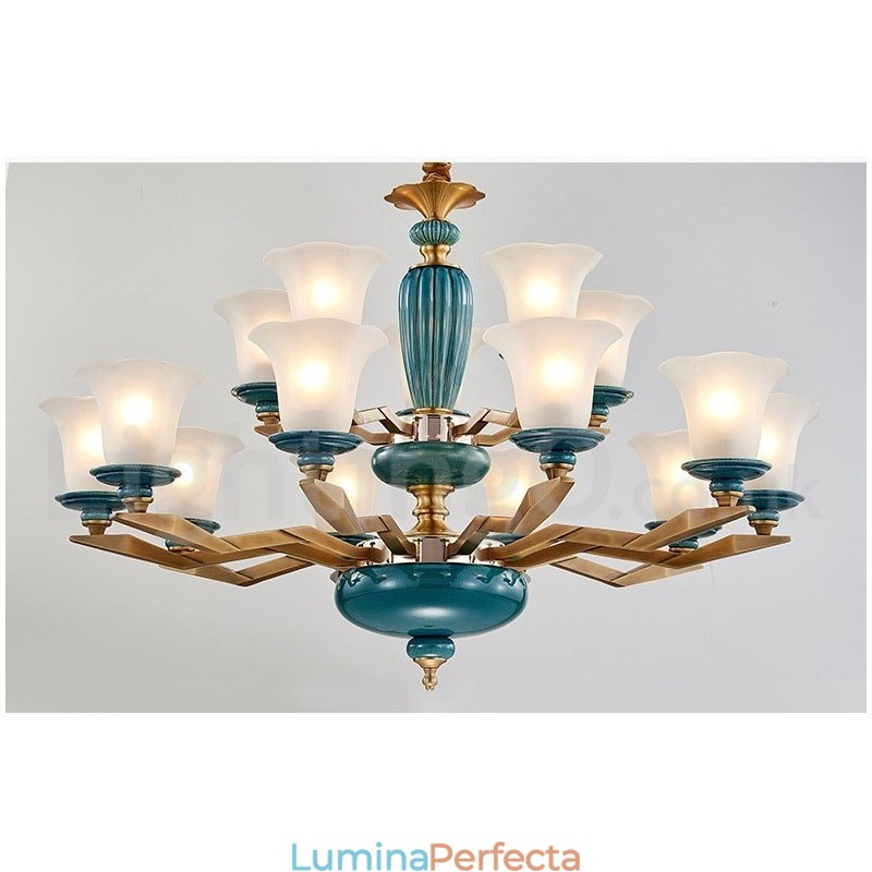 Candelabru cu pandantiv din alamă, retro, vintage, din ceramică, cu abajururi de sticlă