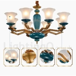 Candelabru cu pandantiv din alamă, retro, vintage, din ceramică, cu abajururi de sticlă