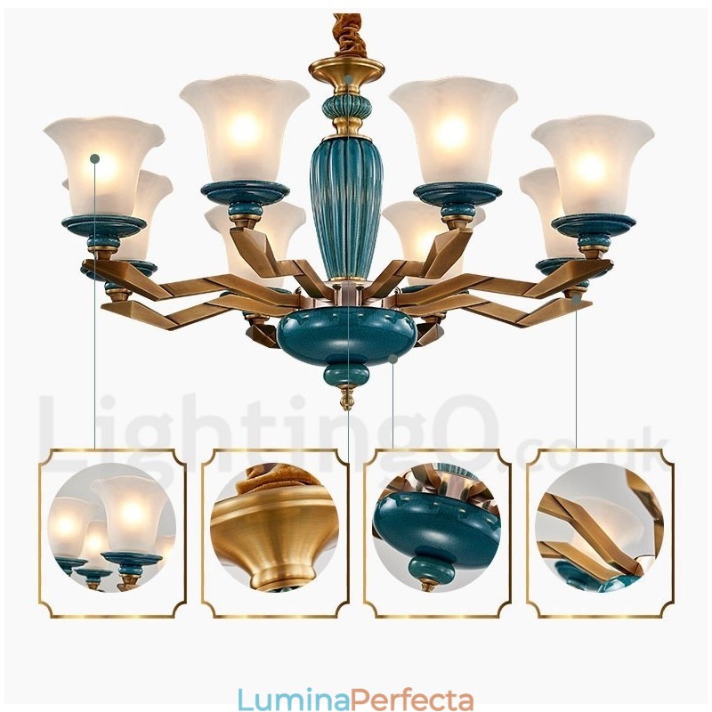 Candelabru cu pandantiv din alamă, retro, vintage, din ceramică, cu abajururi de sticlă