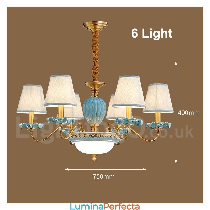 Candelabru cu pandantiv din alamă, retro, vintage, din ceramică, cu nuanțe de țesătură albastră