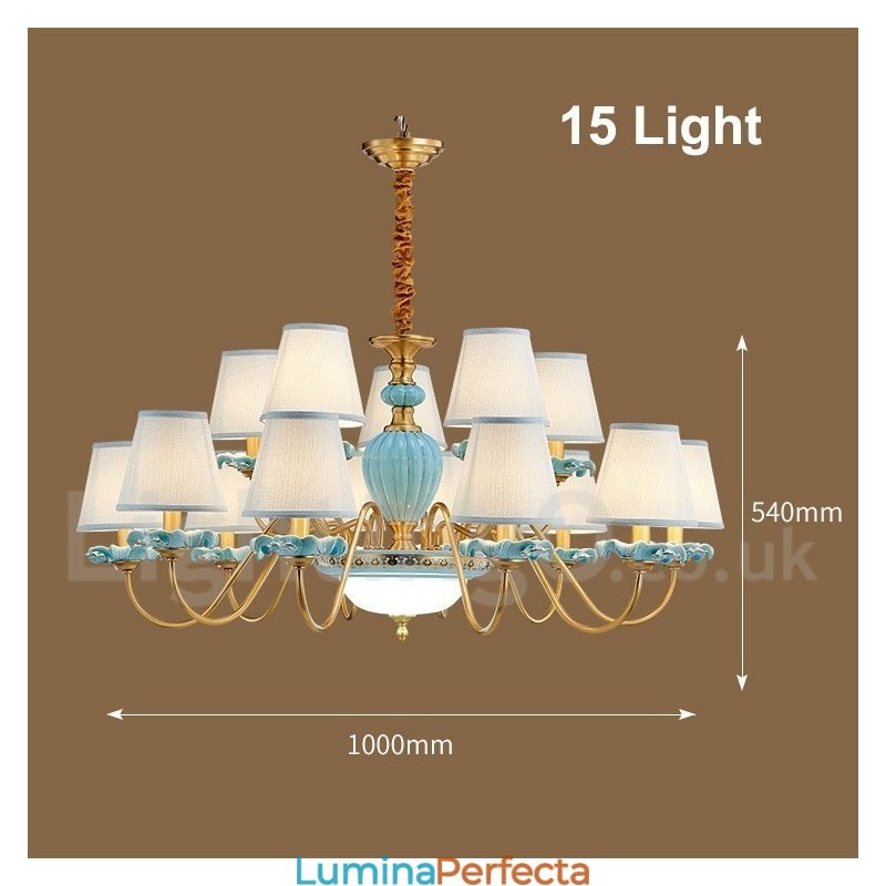 Candelabru cu pandantiv din alamă, retro, vintage, din ceramică, cu nuanțe de țesătură albastră