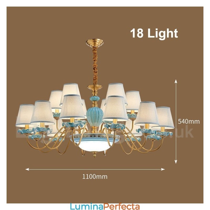 Candelabru cu pandantiv din alamă, retro, vintage, din ceramică, cu nuanțe de țesătură albastră
