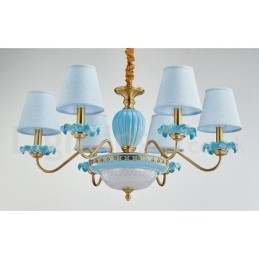 Candelabru cu pandantiv din alamă, retro, vintage, din ceramică, cu nuanțe de țesătură albastră