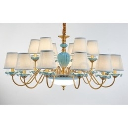 Candelabru cu pandantiv din alamă, retro, vintage, din ceramică, cu nuanțe de țesătură albastră