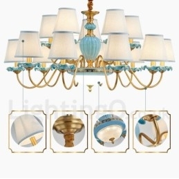 Candelabru cu pandantiv din alamă, retro, vintage, din ceramică, cu nuanțe de țesătură albastră