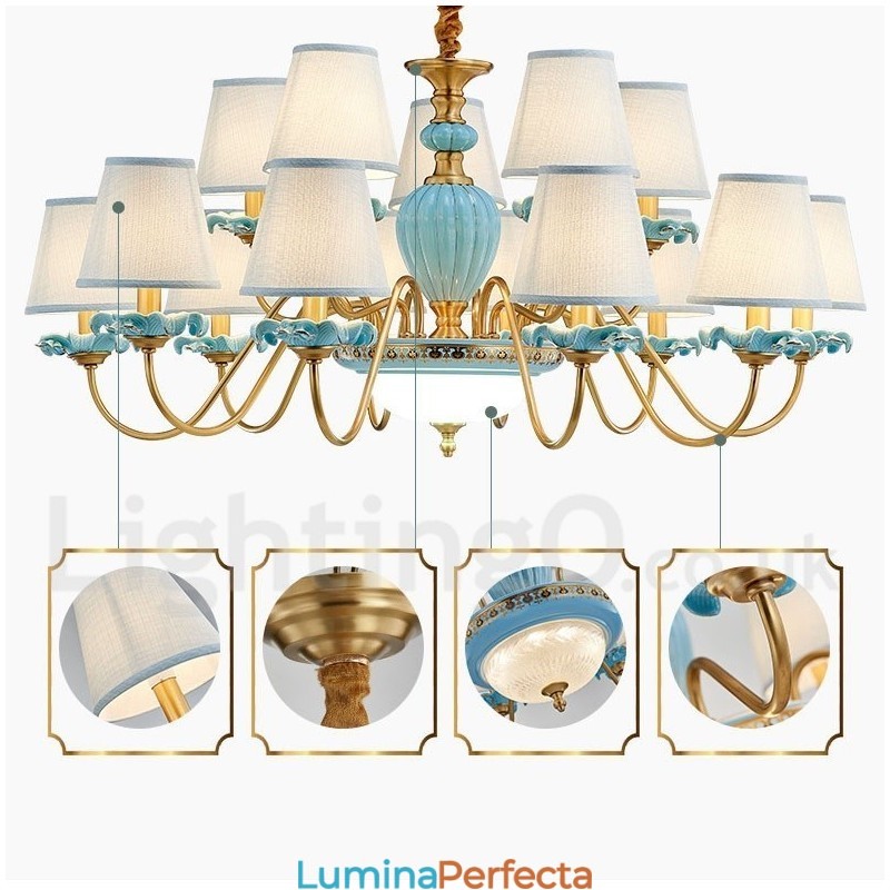 Candelabru cu pandantiv din alamă, retro, vintage, din ceramică, cu nuanțe de țesătură albastră