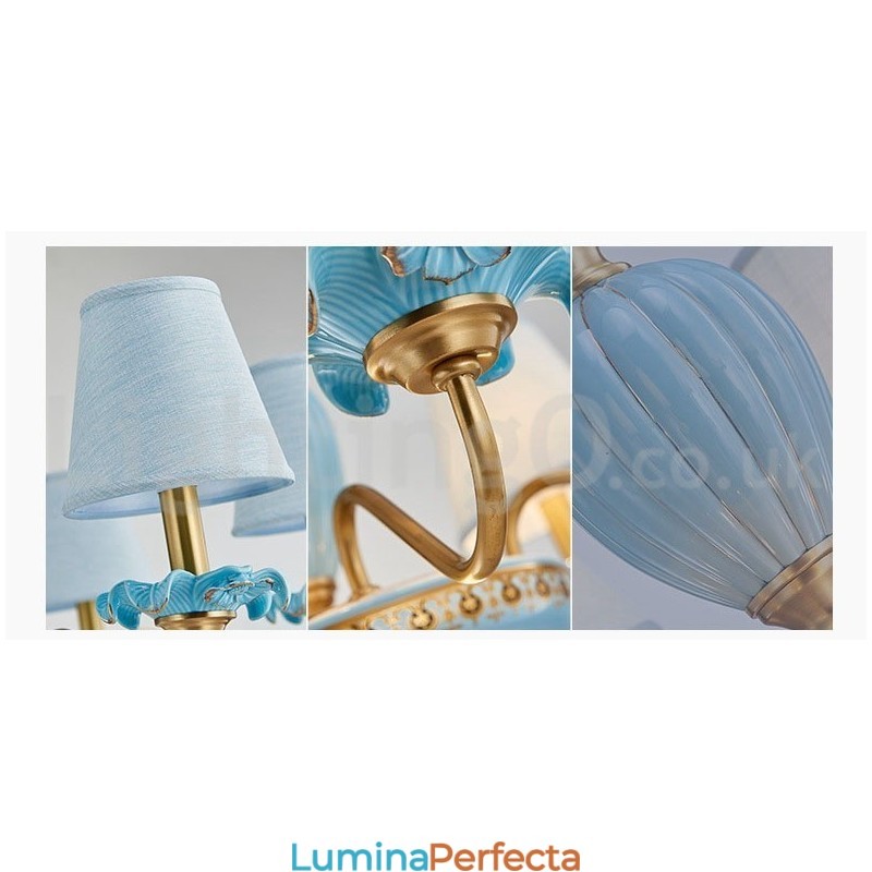 Candelabru cu pandantiv din alamă, retro, vintage, din ceramică, cu nuanțe de țesătură albastră