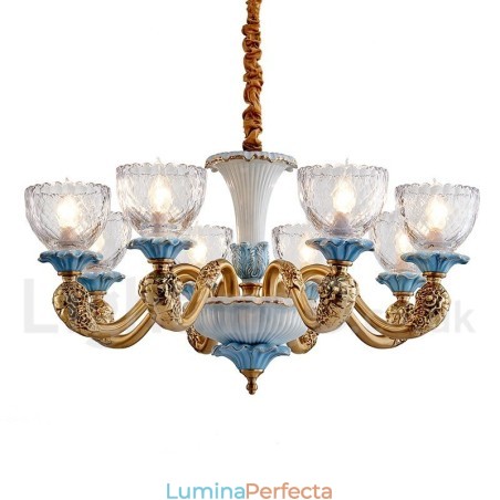 Candelabru cu pandantiv din alamă din ceramică, retro, vintage, cu abajururi de sticlă Candelabru cu pandantiv din alamă din ceramică, retro, vintage, cu abajururi de sticlă