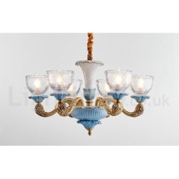 Candelabru cu pandantiv din alamă din ceramică, retro, vintage, cu abajururi de sticlă