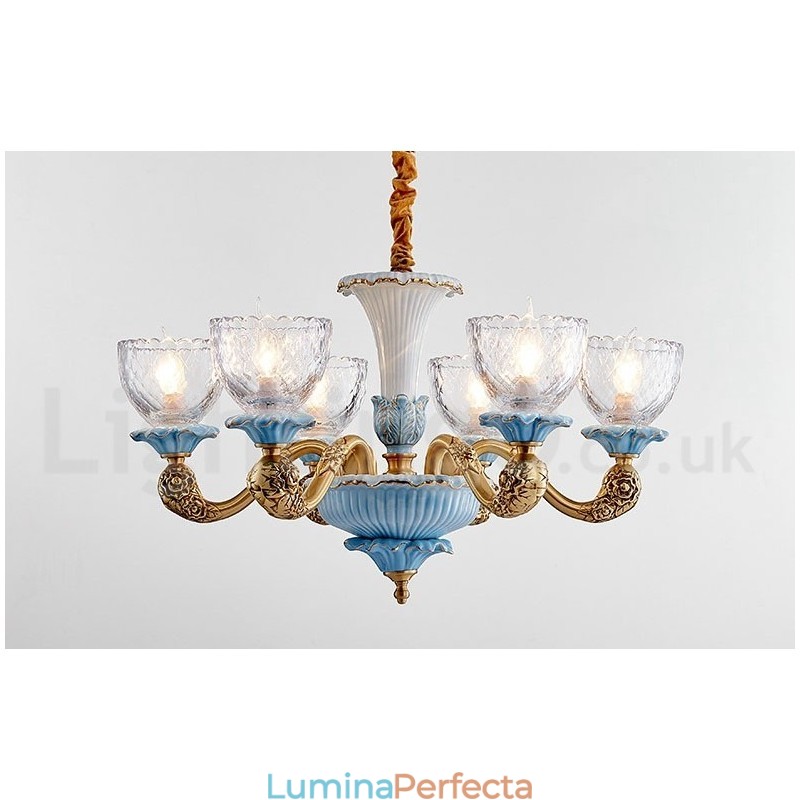 Candelabru cu pandantiv din alamă din ceramică, retro, vintage, cu abajururi de sticlă