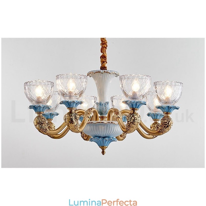 Candelabru cu pandantiv din alamă din ceramică, retro, vintage, cu abajururi de sticlă