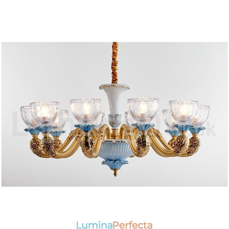 Candelabru cu pandantiv din alamă din ceramică, retro, vintage, cu abajururi de sticlă