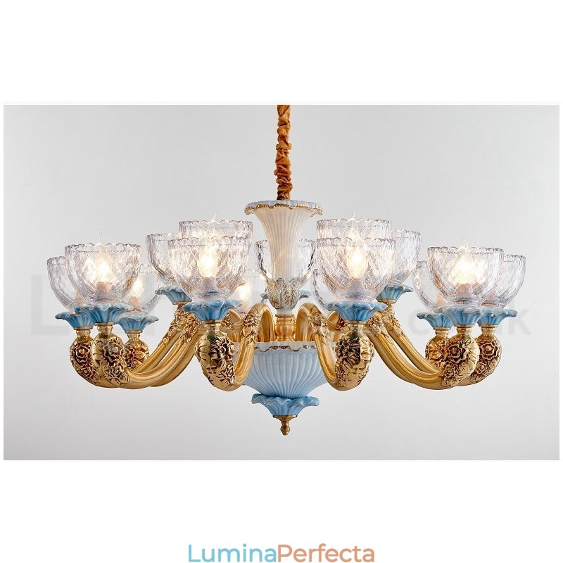 Candelabru cu pandantiv din alamă din ceramică, retro, vintage, cu abajururi de sticlă