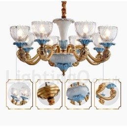 Candelabru cu pandantiv din alamă din ceramică, retro, vintage, cu abajururi de sticlă