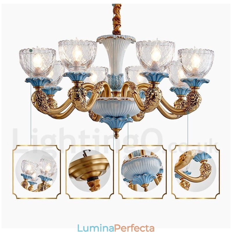 Candelabru cu pandantiv din alamă din ceramică, retro, vintage, cu abajururi de sticlă