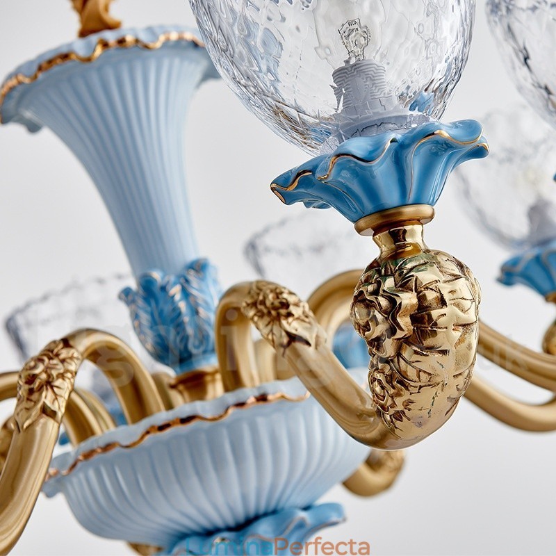 Candelabru cu pandantiv din alamă din ceramică, retro, vintage, cu abajururi de sticlă