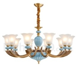 Candelabru cu pandantiv din alamă din ceramică, retro, vintage, cu abajururi de sticlă