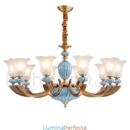 Candelabru cu pandantiv din alamă din ceramică, retro, vintage, cu abajururi de sticlă Candelabru cu pandantiv din alamă din ceramică, retro, vintage, cu abajururi de sticlă