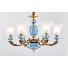 Candelabru cu pandantiv din alamă din ceramică, retro, vintage, cu abajururi de sticlă