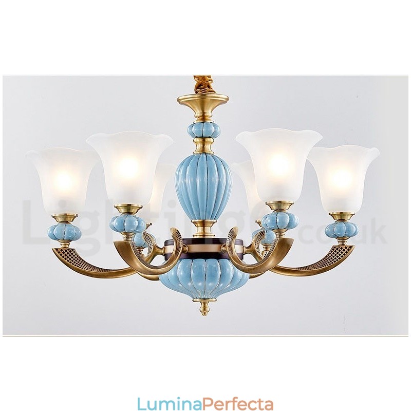 Candelabru cu pandantiv din alamă din ceramică, retro, vintage, cu abajururi de sticlă
