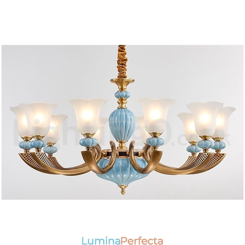 Candelabru cu pandantiv din alamă din ceramică, retro, vintage, cu abajururi de sticlă
