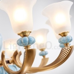 Candelabru cu pandantiv din alamă din ceramică, retro, vintage, cu abajururi de sticlă
