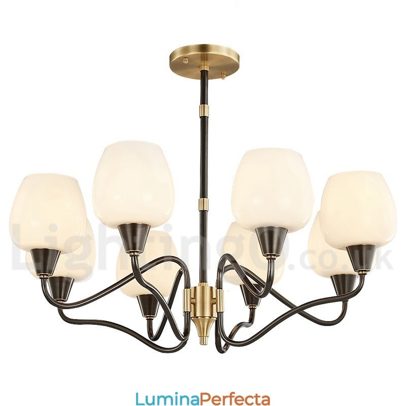 Candelabru cu pandantiv din alamă, retro, vintage, cu abajururi de sticlă
