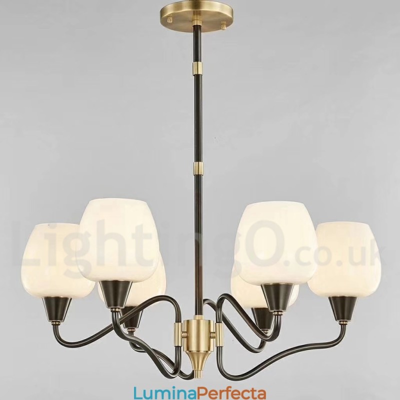 Candelabru cu pandantiv din alamă, retro, vintage, cu abajururi de sticlă