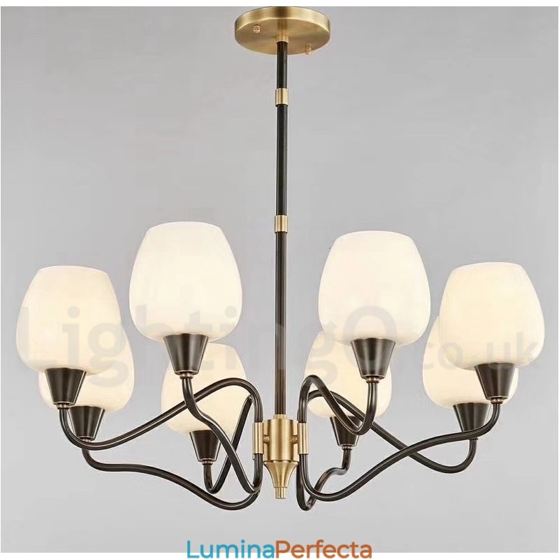 Candelabru cu pandantiv din alamă, retro, vintage, cu abajururi de sticlă